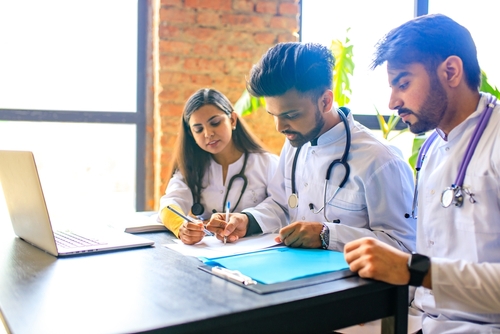 Medical students studying together.